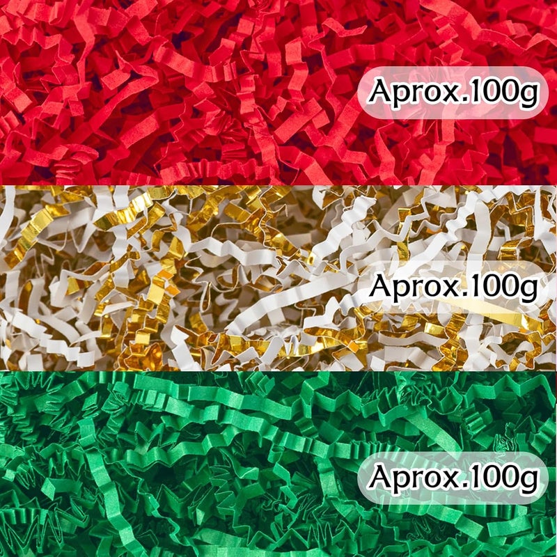 CIPOWM 10.6oz Christmas Crinkle Cut Paper Shred, 3 Colors Red Green Gold Raffia Paper Shred Filler Grass for Gift Wrapping Craft DIY Gift Bag Box Filling Party Supply - Image 2
